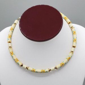 Womens Floral Cloisonne Tube Link Beaded Necklace Gold Tone Metal Japan 15 in